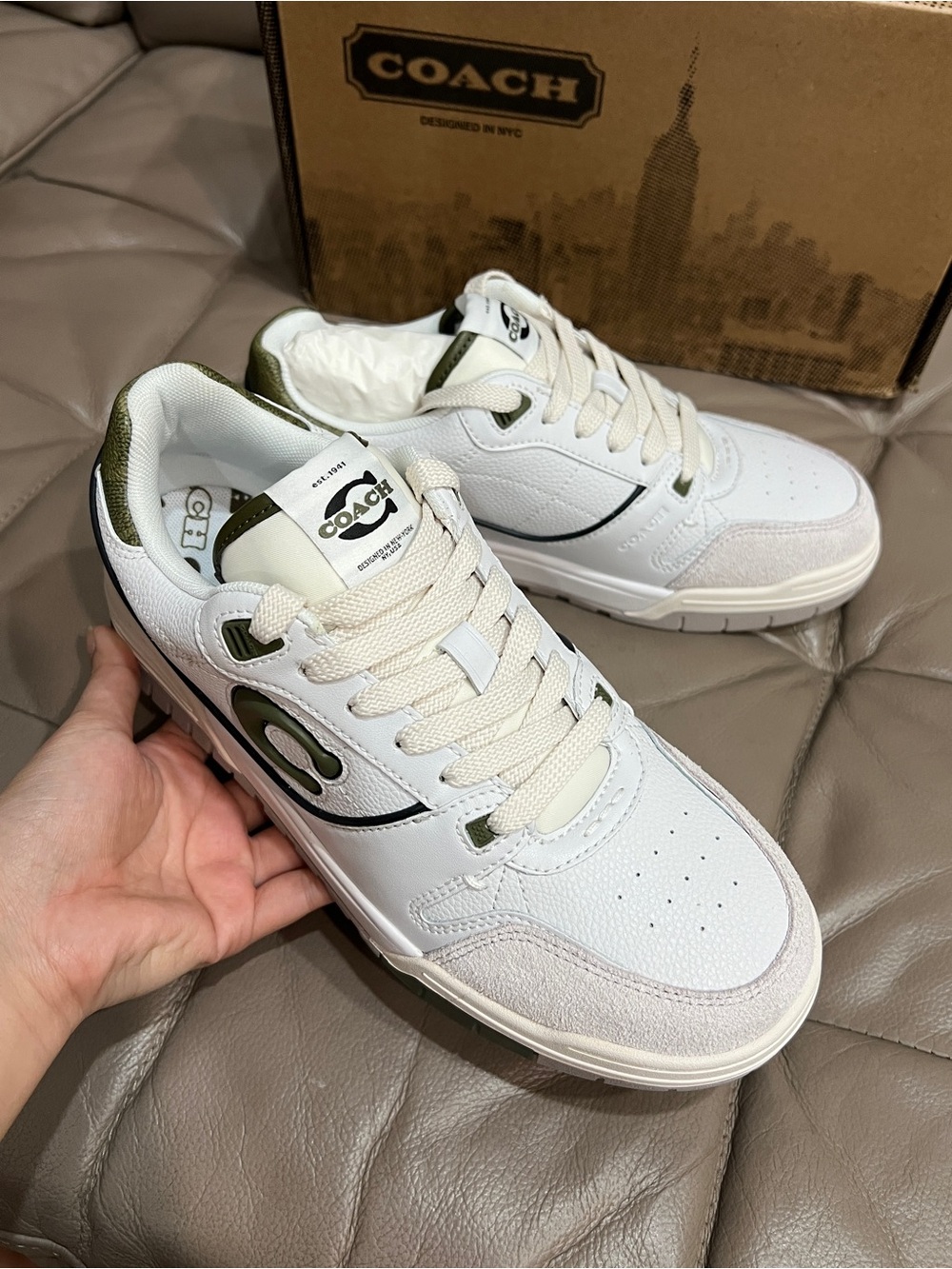 Coach White Sneakers with Olive Green Accents,Women Size:8 - Picture 7 of 8